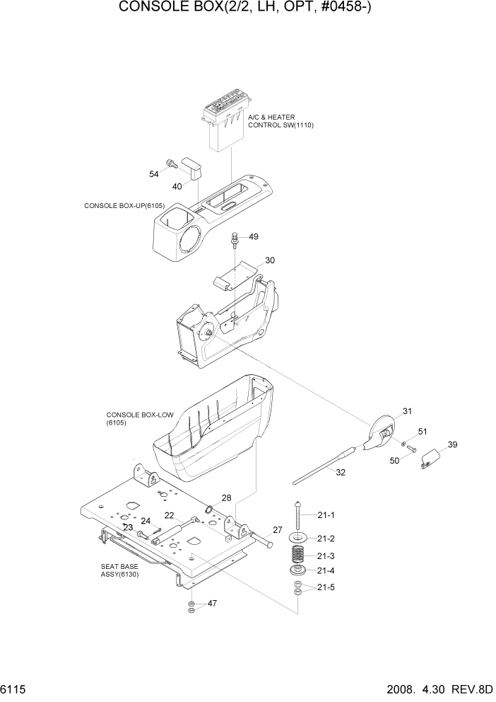 Схема запчастей Hyundai R110-7 - PAGE 6115 CONSOLE BOX(2/2, LH, OPT, #0458-) СТРУКТУРА