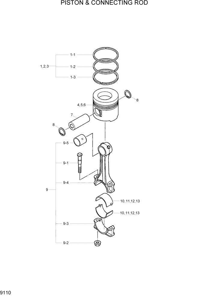 Схема запчастей Hyundai R110-7 - PAGE 9110 PISTON & CONNECTING ROD ДВИГАТЕЛЬ БАЗА