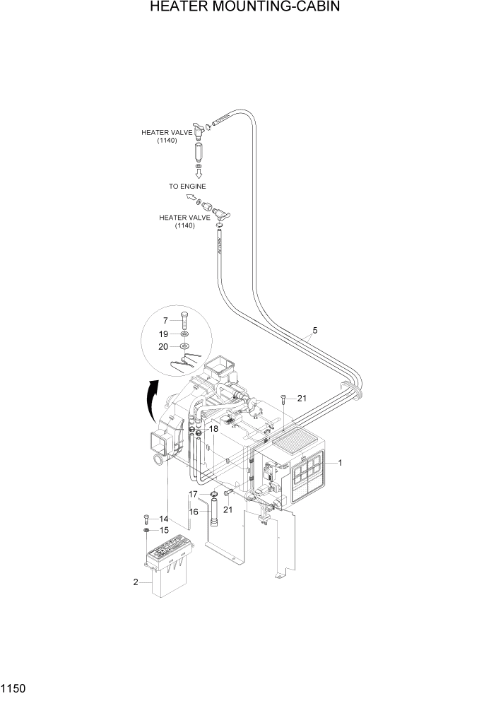 Схема запчастей Hyundai R110-7A - PAGE 1150 HEATER MOUNTING-CABIN СИСТЕМА ДВИГАТЕЛЯ