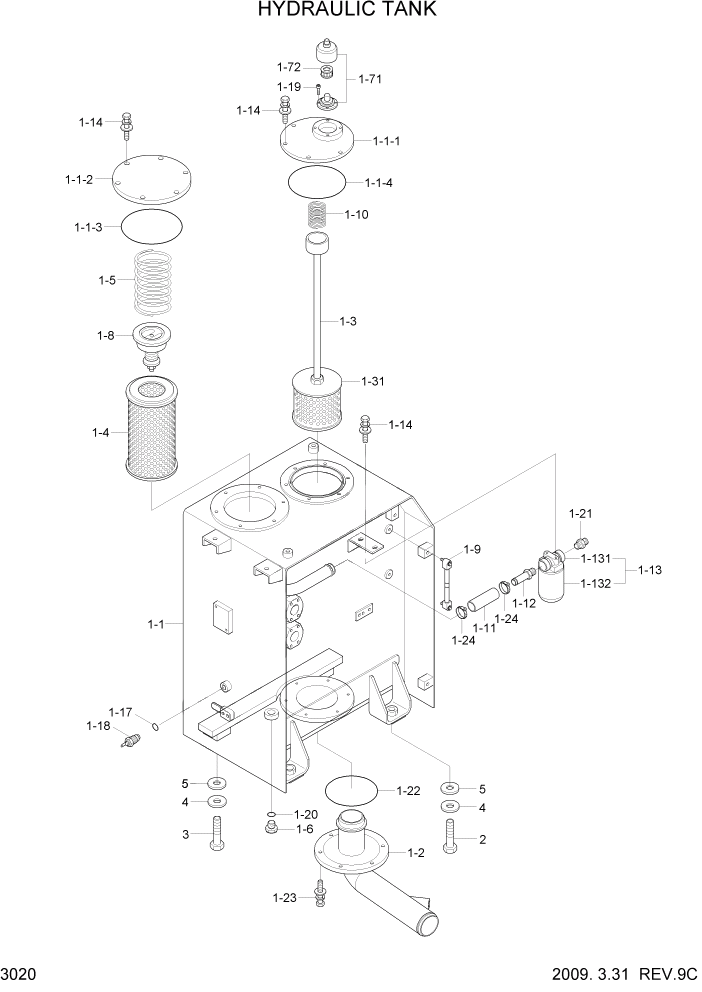 Схема запчастей Hyundai R110-7A - PAGE 3020 HYDRAULIC TANK ГИДРАВЛИЧЕСКАЯ СИСТЕМА