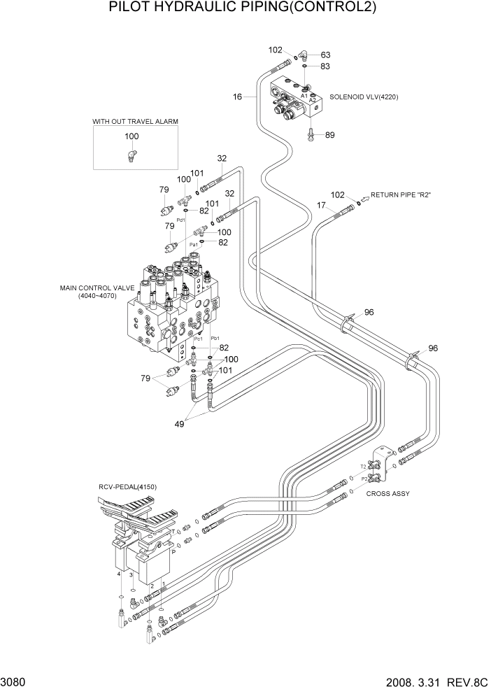 Схема запчастей Hyundai R110-7A - PAGE 3080 PILOT HYDRAULIC PIPING(CONTROL 2) ГИДРАВЛИЧЕСКАЯ СИСТЕМА