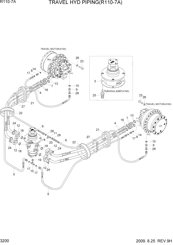 Схема запчастей Hyundai R110-7A - PAGE 3200 TRAVEL HYD PIPING(R110-7A) ГИДРАВЛИЧЕСКАЯ СИСТЕМА