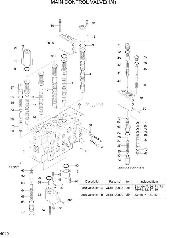 Схема запчастей Hyundai R110-7A - PAGE 4040 MAIN CONTROL VALVE(1/4) ГИДРАВЛИЧЕСКИЕ КОМПОНЕНТЫ