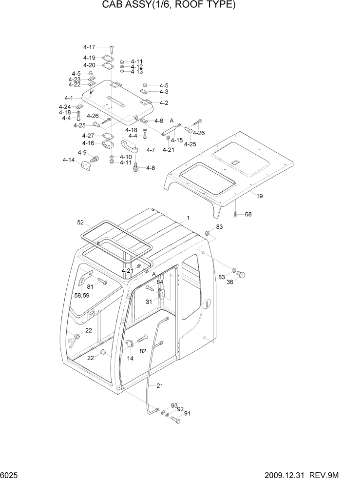 Схема запчастей Hyundai R110-7A - PAGE 6025 CAB ASSY(1/6, ROOF TYPE) СТРУКТУРА