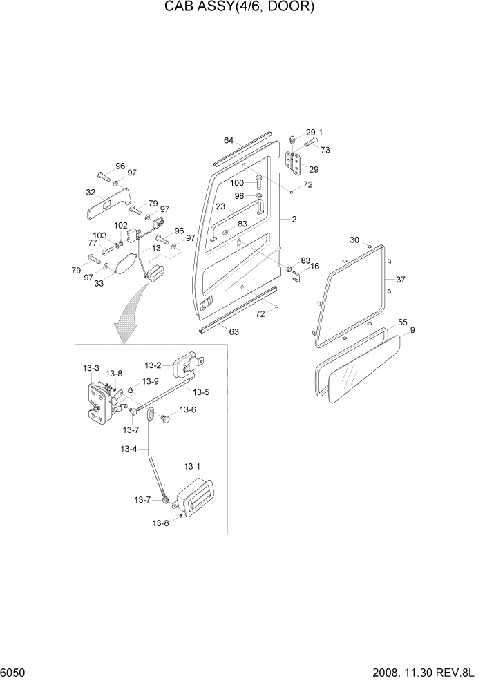 Схема запчастей Hyundai R110-7A - PAGE 6050 CAB ASSY(4/6, DOOR) СТРУКТУРА