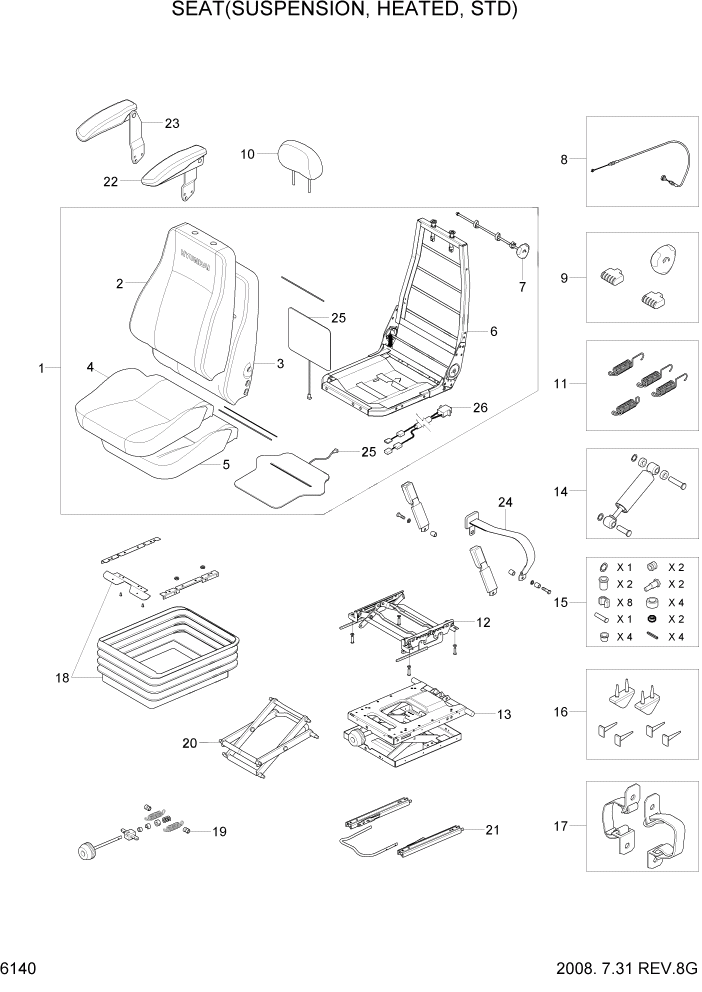 Схема запчастей Hyundai R110-7A - PAGE 6140 SEAT(SUSPENSION, HEATED, STD) СТРУКТУРА