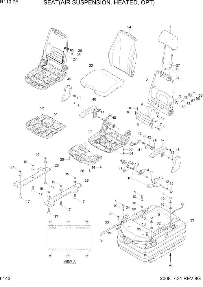 Схема запчастей Hyundai R110-7A - PAGE 6143 SEAT(AIR SUSPENSION, HEATED, OPT) СТРУКТУРА