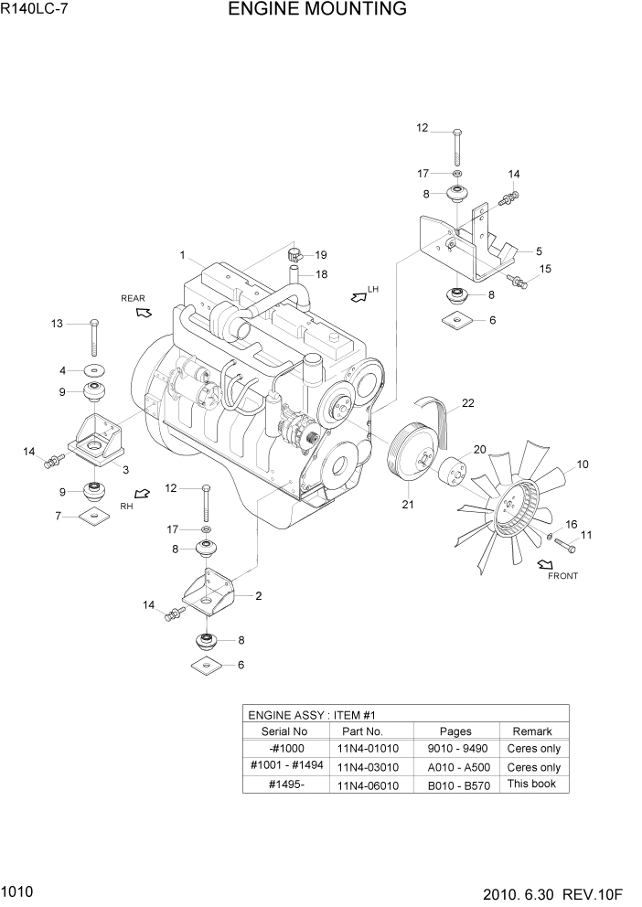 Схема запчастей Hyundai R140LC-7 - PAGE 1010 ENGINE MOUNTING СИСТЕМА ДВИГАТЕЛЯ