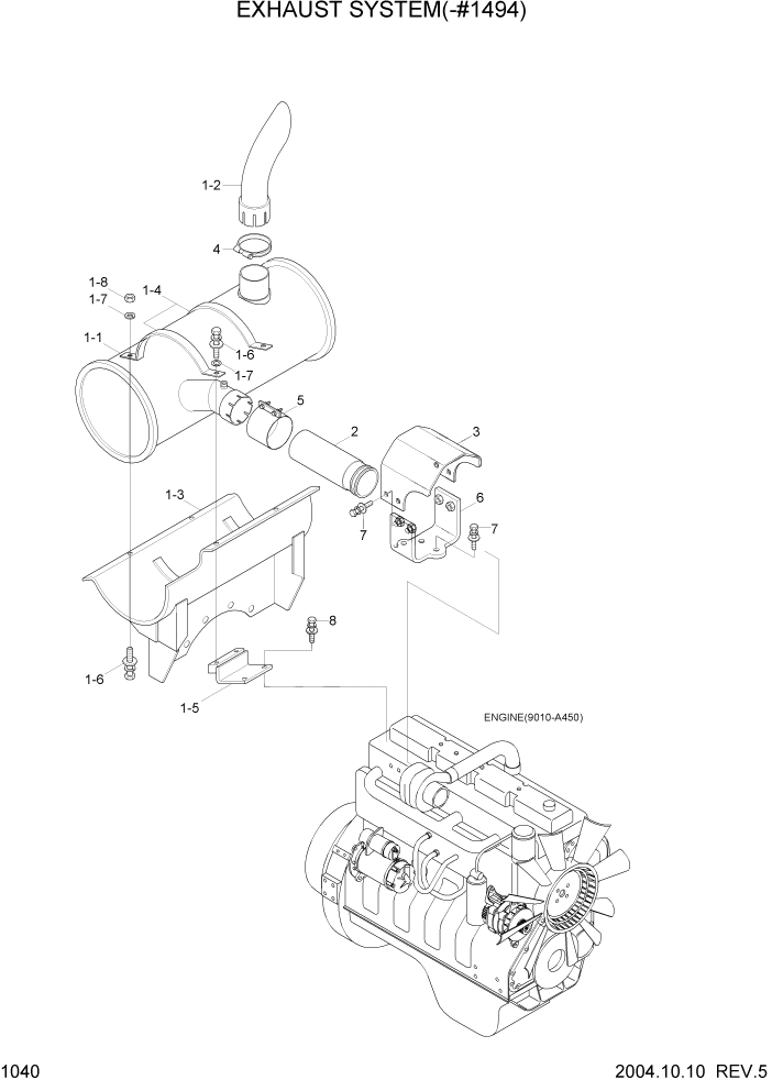 Схема запчастей Hyundai R140LC-7 - PAGE 1040 EXHAUST SYSTEM(-#1494) СИСТЕМА ДВИГАТЕЛЯ