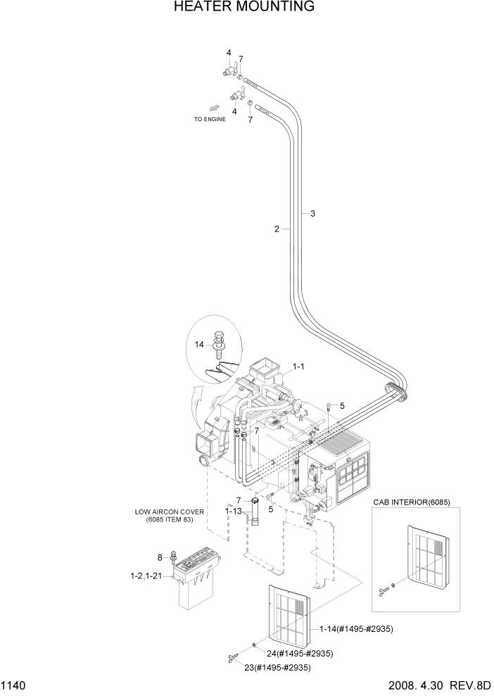 Схема запчастей Hyundai R140LC-7 - PAGE 1140 HEATER MOUNTING СИСТЕМА ДВИГАТЕЛЯ