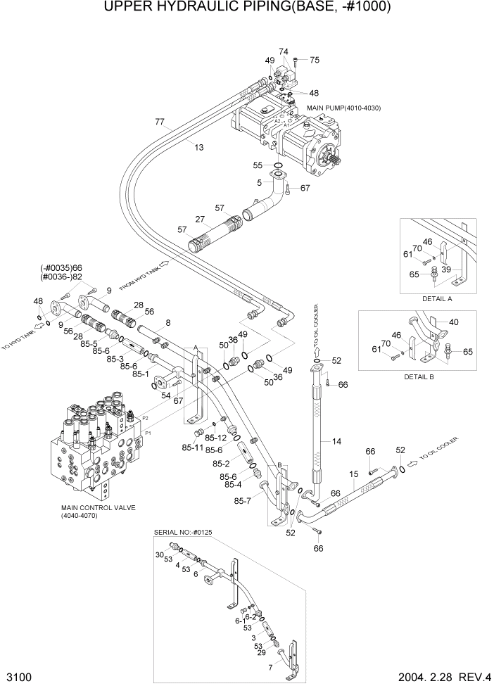 Схема запчастей Hyundai R140LC-7 - PAGE 3100 UPPER HYD PIPING(BASE, -#1000) ГИДРАВЛИЧЕСКАЯ СИСТЕМА