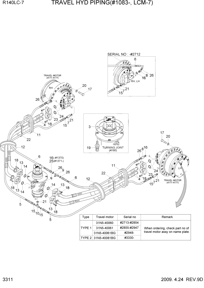 Схема запчастей Hyundai R140LC-7 - PAGE 3311 TRAVEL HYD PIPING(#1083-, LCM-7) ГИДРАВЛИЧЕСКАЯ СИСТЕМА