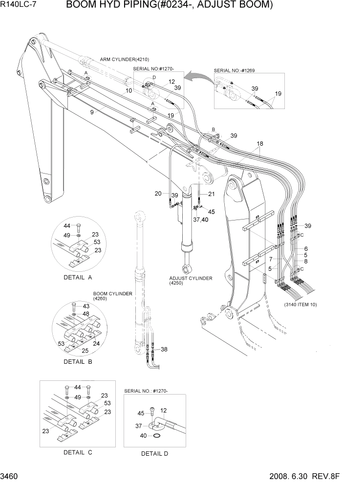 Схема запчастей Hyundai R140LC-7 - PAGE 3460 BOOM HYD PIPING(ADJUST BOOM, #0234-) ГИДРАВЛИЧЕСКАЯ СИСТЕМА