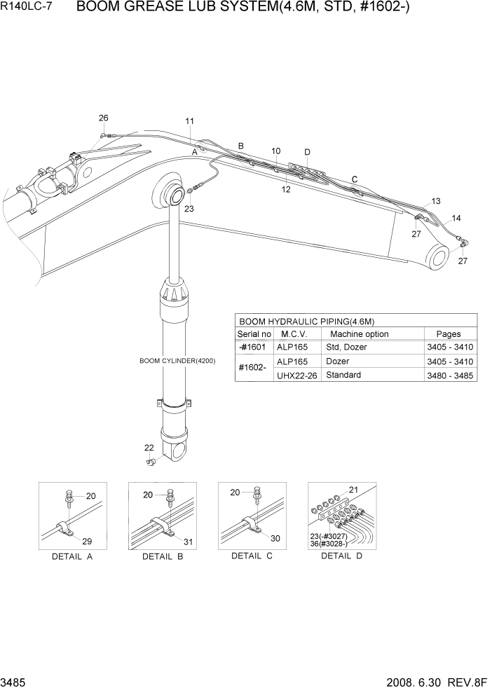 Схема запчастей Hyundai R140LC-7 - PAGE 3485 BOOM GREASE LUB SYSTEM(4.6M,STD, #1602-) ГИДРАВЛИЧЕСКАЯ СИСТЕМА