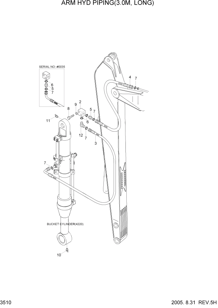 Схема запчастей Hyundai R140LC-7 - PAGE 3510 ARM HYD PIPING(3.0M, LONG) ГИДРАВЛИЧЕСКАЯ СИСТЕМА