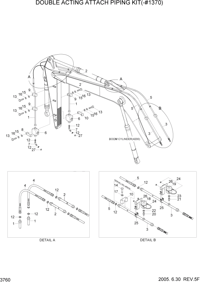 Схема запчастей Hyundai R140LC-7 - PAGE 3760 DOUBLE ACTING ATTACH PIPING KIT(-#1370) ГИДРАВЛИЧЕСКАЯ СИСТЕМА