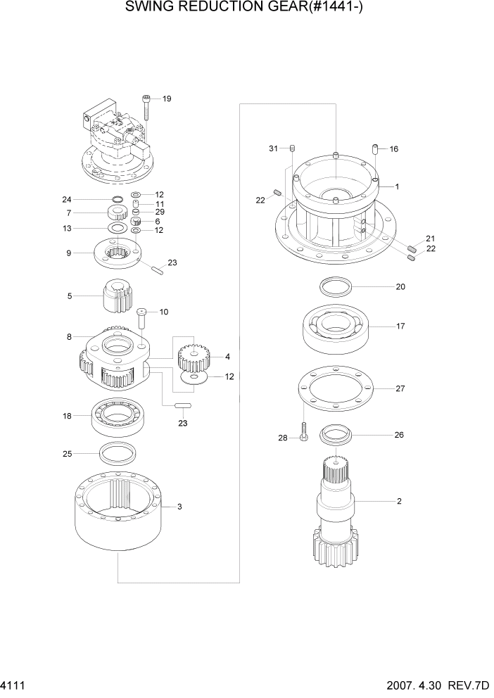 Схема запчастей Hyundai R140LC-7 - PAGE 4111 SWING REDUCTION GEAR(#1441-) ГИДРАВЛИЧЕСКИЕ КОМПОНЕНТЫ