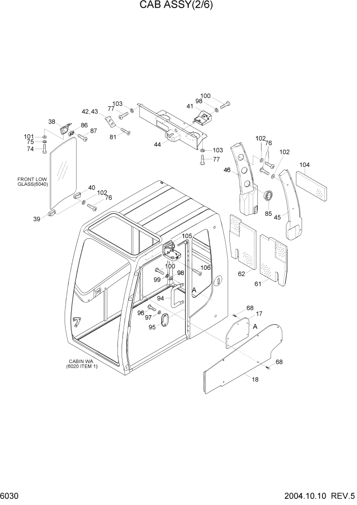 Схема запчастей Hyundai R140LC-7 - PAGE 6030 CAB ASSY(2/6) СТРУКТУРА