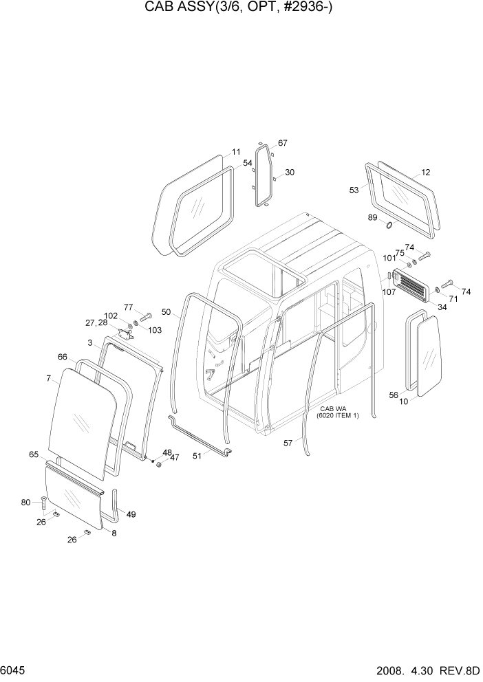 Схема запчастей Hyundai R140LC-7 - PAGE 6045 CAB ASSY(3/6, OPT, #2936-) СТРУКТУРА