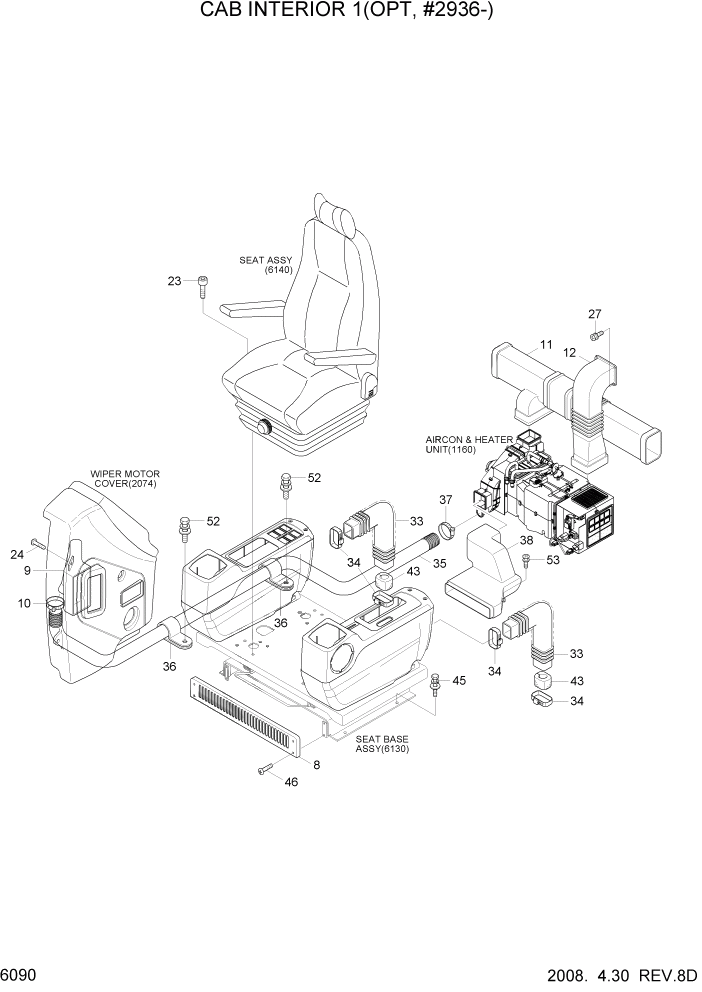 Схема запчастей Hyundai R140LC-7 - PAGE 6090 CAB INTERIOR 1(OPT, #2936-) СТРУКТУРА