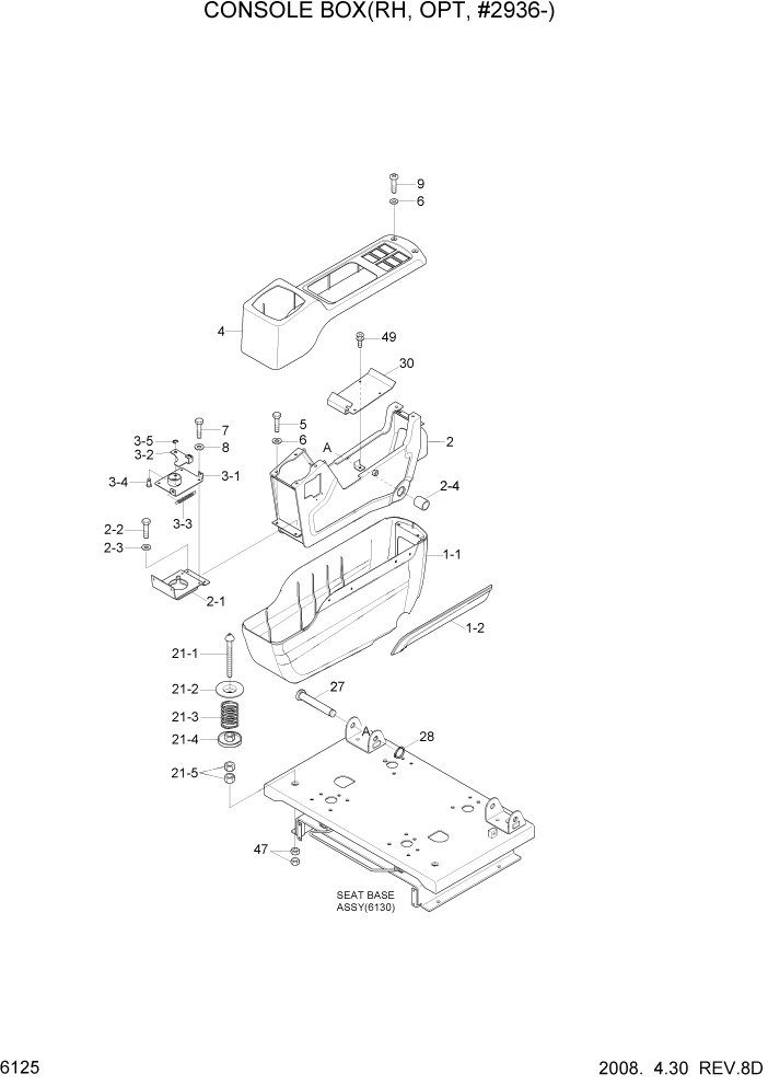 Схема запчастей Hyundai R140LC-7 - PAGE 6125 CONSOLE BOX(RH, OPT, #2936-) СТРУКТУРА