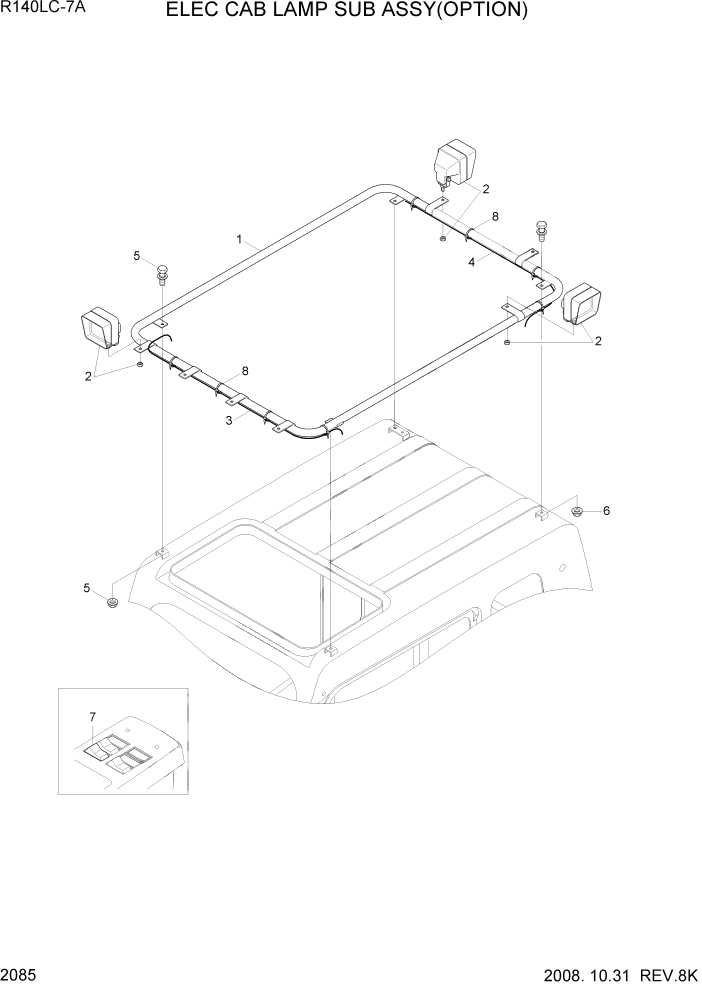 Схема запчастей Hyundai R140LC-7A - PAGE 2085 ELEC CAB LAMP SUB ASSY(OPTION) ЭЛЕКТРИЧЕСКАЯ СИСТЕМА