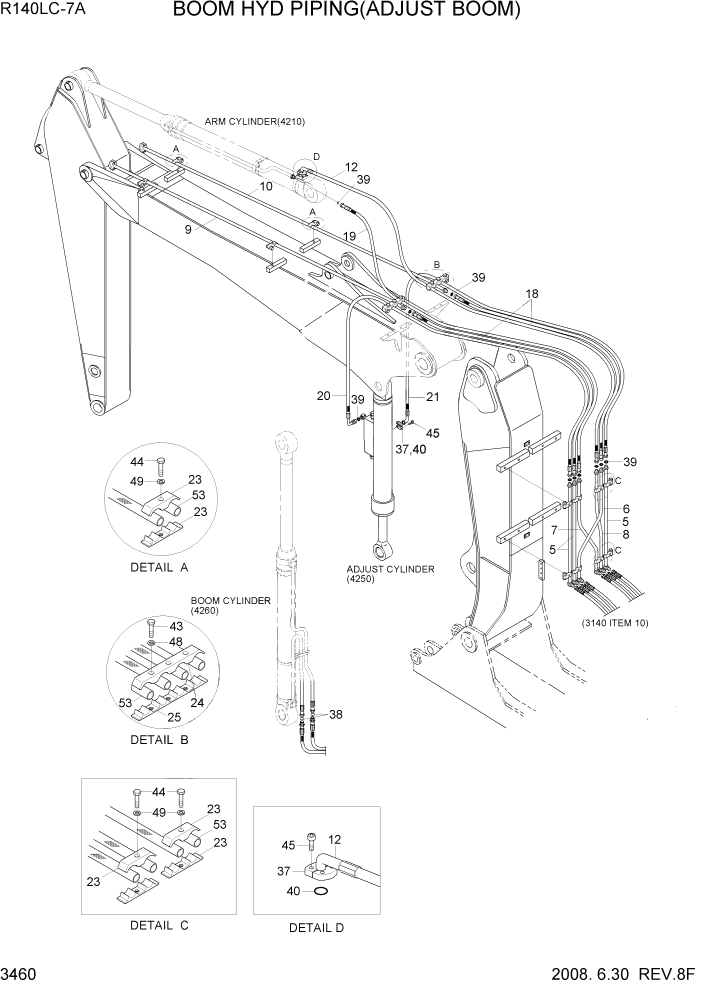 Схема запчастей Hyundai R140LC-7A - PAGE 3460 BOOM HYD PIPING(ADJUST BOOM) ГИДРАВЛИЧЕСКАЯ СИСТЕМА