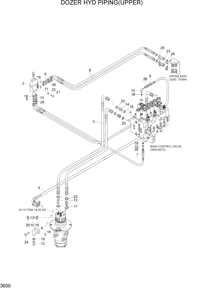 Схема запчастей Hyundai R140LC-7A - PAGE 3600 DOZER HYD PIPING(UPPER) ГИДРАВЛИЧЕСКАЯ СИСТЕМА