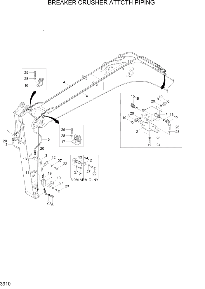 Схема запчастей Hyundai R140LC-7A - PAGE 3910 BREAKER CRUSHER ATTACH PIPING ГИДРАВЛИЧЕСКАЯ СИСТЕМА