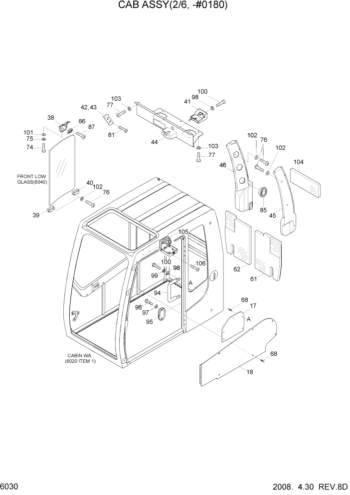 Схема запчастей Hyundai R140LC-7A - PAGE 6030 CAB ASSY(2/6, -#0180) СТРУКТУРА