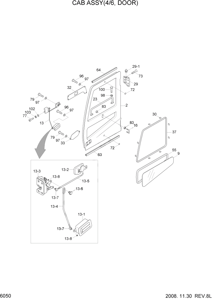 Схема запчастей Hyundai R140LC-7A - PAGE 6050 CAB ASSY(4/6, DOOR) СТРУКТУРА