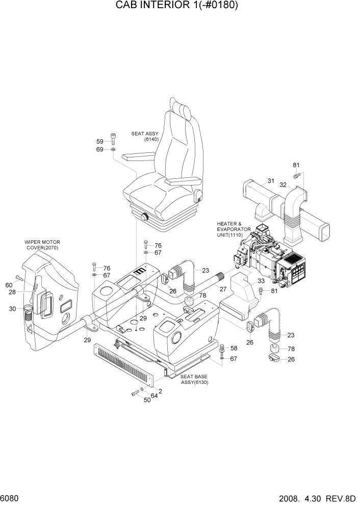 Схема запчастей Hyundai R140LC-7A - PAGE 6080 CAB INTERIOR 1(-#0180) СТРУКТУРА