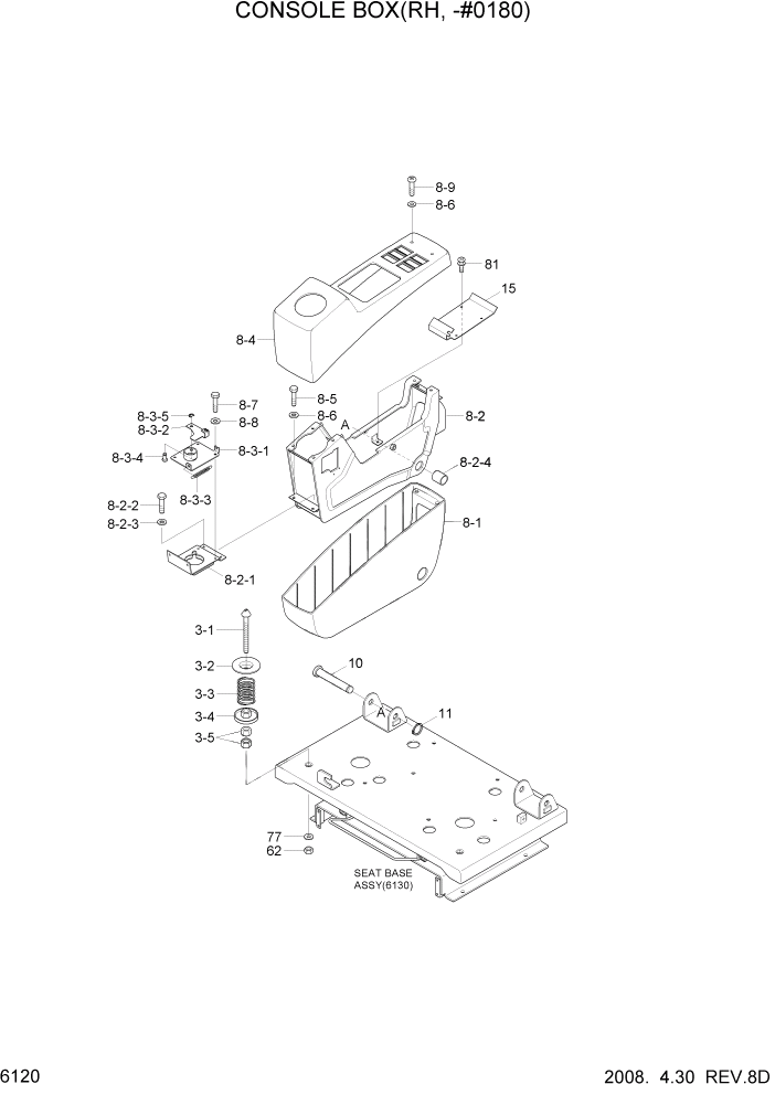 Схема запчастей Hyundai R140LC-7A - PAGE 6120 CONSOLE BOX(RH, -#0180) СТРУКТУРА