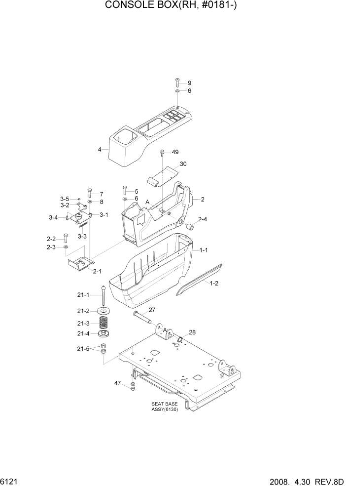 Схема запчастей Hyundai R140LC-7A - PAGE 6121 CONSOLE BOX(RH, #0181-) СТРУКТУРА