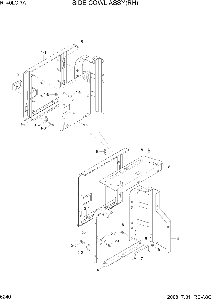 Схема запчастей Hyundai R140LC-7A - PAGE 6240 SIDE COWL ASSY(RH) СТРУКТУРА