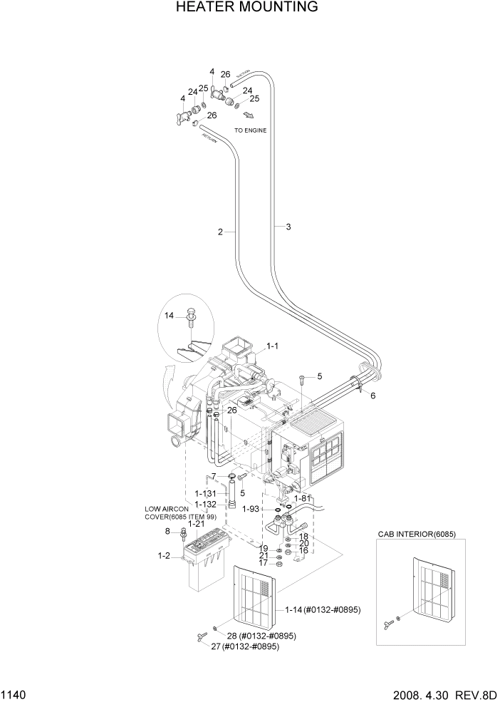 Схема запчастей Hyundai R160LC7 - PAGE 1140 HEATER MOUNTING СИСТЕМА ДВИГАТЕЛЯ