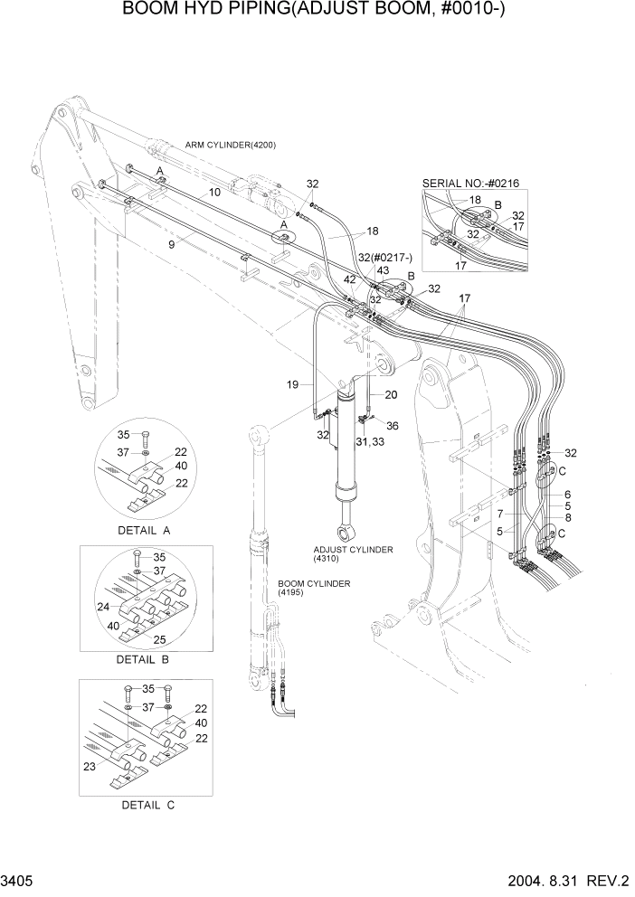 Схема запчастей Hyundai R160LC7 - PAGE 3405 BOOM HYD PIPING(ADJUST BOOM, #0010-) ГИДРАВЛИЧЕСКАЯ СИСТЕМА