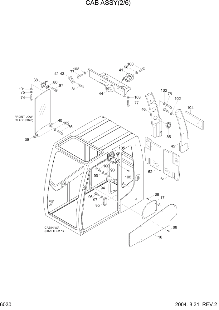 Схема запчастей Hyundai R160LC7 - PAGE 6030 CAB ASSY(2/6) СТРУКТУРА