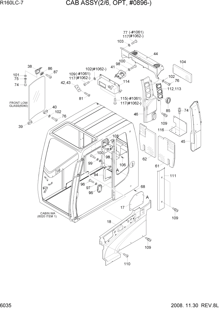 Схема запчастей Hyundai R160LC7 - PAGE 6035 CAB ASSY(2/6, OPT, #0896-) СТРУКТУРА