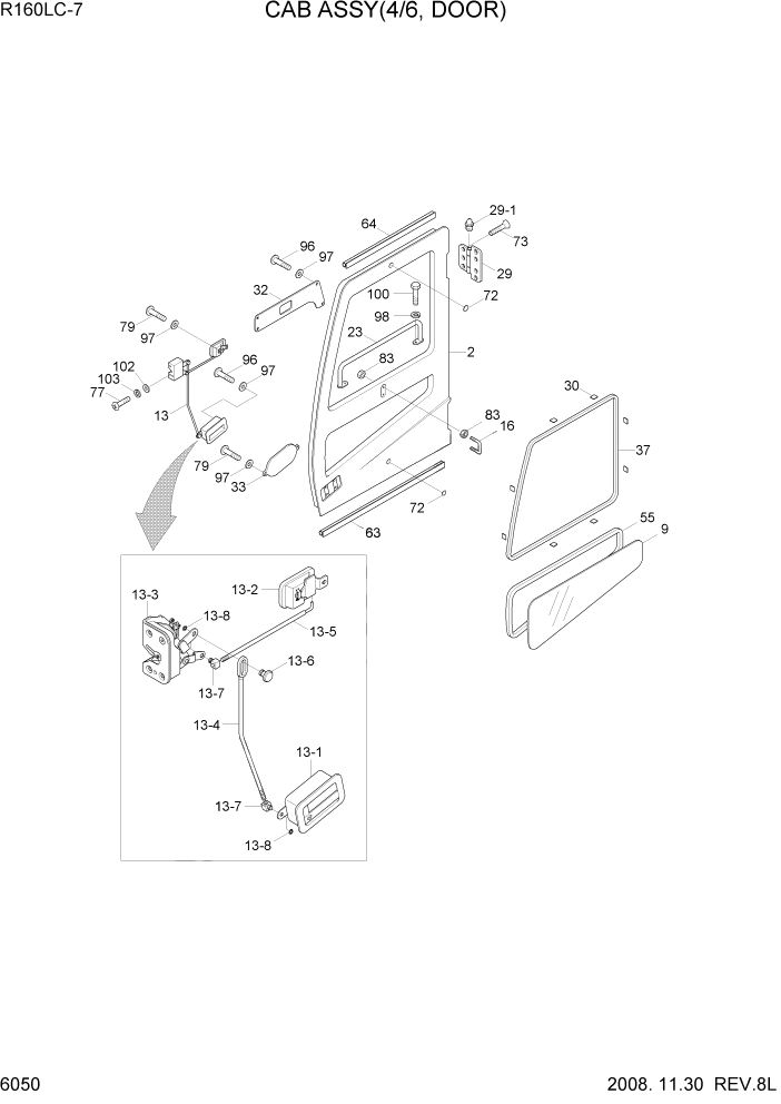 Схема запчастей Hyundai R160LC7 - PAGE 6050 CAB ASSY(4/6, DOOR) СТРУКТУРА