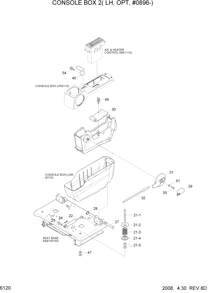 Схема запчастей Hyundai R160LC7 - PAGE 6120 CONSOLE BOX(2/2, LH, OPT, #0896-) СТРУКТУРА