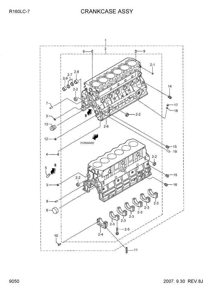 Схема запчастей Hyundai R160LC7 - PAGE 9050 CRANKCASE ASSY ДВИГАТЕЛЬ БАЗА