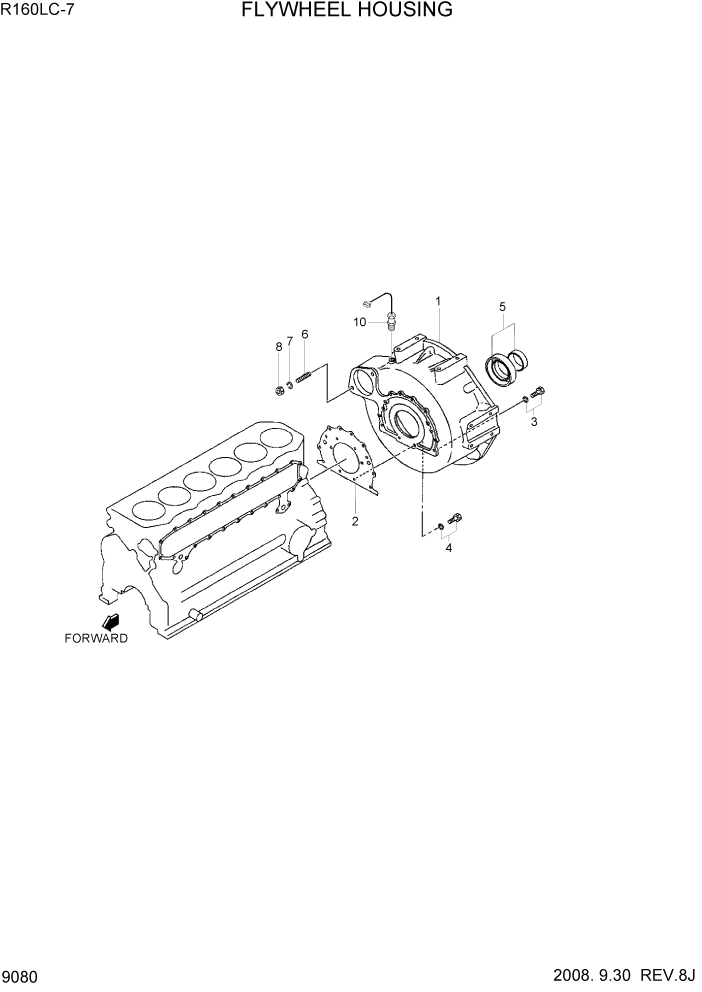 Схема запчастей Hyundai R160LC7 - PAGE 9080 FLYWHEEL HOUSING ДВИГАТЕЛЬ БАЗА