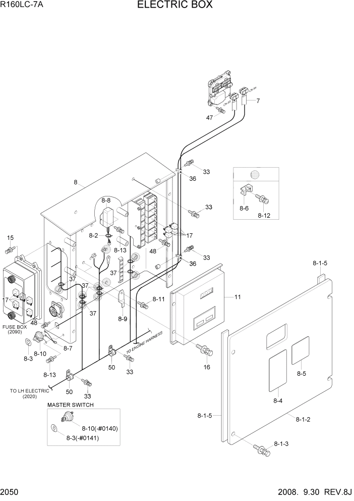 Схема запчастей Hyundai R160LC7A - PAGE 2050 ELECTRIC BOX ЭЛЕКТРИЧЕСКАЯ СИСТЕМА