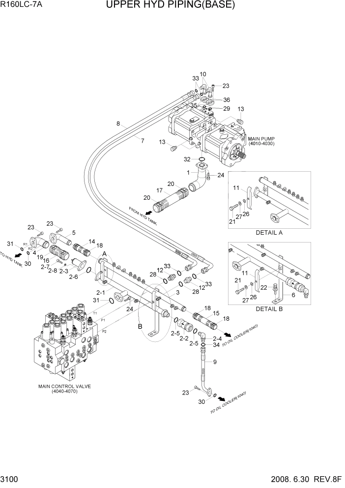 Схема запчастей Hyundai R160LC7A - PAGE 3100 UPPER HYD PIPING(BASE) ГИДРАВЛИЧЕСКАЯ СИСТЕМА