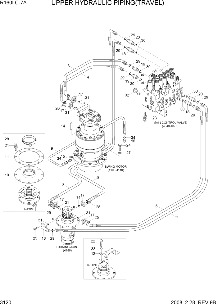 Схема запчастей Hyundai R160LC7A - PAGE 3120 UPPER HYDRAULIC PIPING(TRAVEL) ГИДРАВЛИЧЕСКАЯ СИСТЕМА