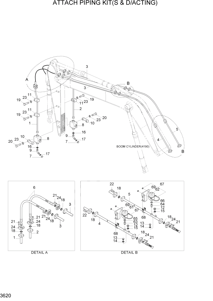 Схема запчастей Hyundai R160LC7A - PAGE 3620 ATTACH PIPING KIT(S & D/ACTING) ГИДРАВЛИЧЕСКАЯ СИСТЕМА