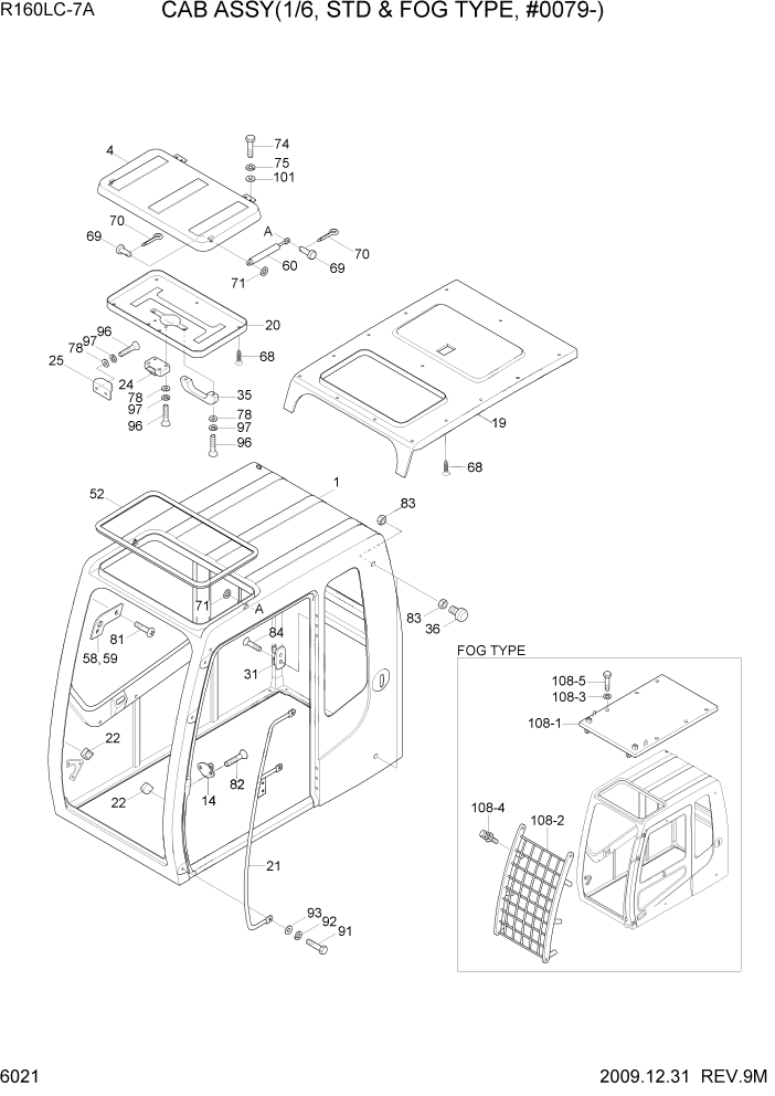 Схема запчастей Hyundai R160LC7A - PAGE 6021 CAB ASSY(1/6, STD & FOG TYPE, #0079-) СТРУКТУРА