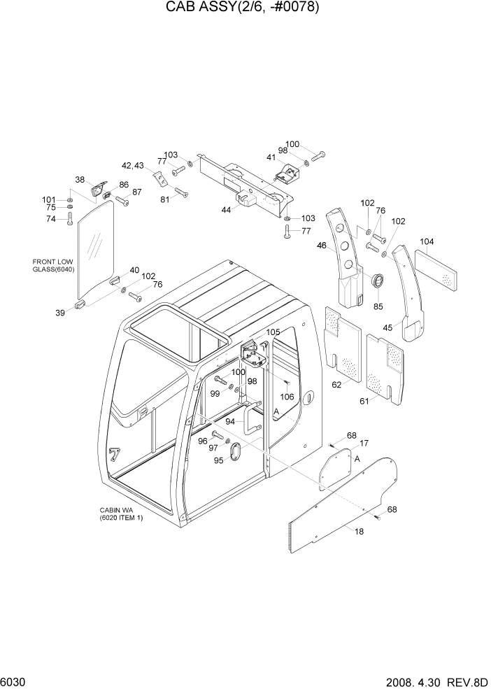 Схема запчастей Hyundai R160LC7A - PAGE 6030 CAB ASSY(2/6, -#0078) СТРУКТУРА