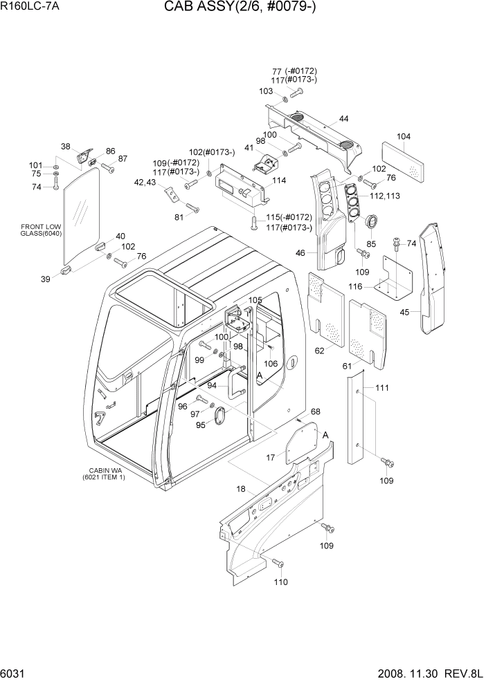 Схема запчастей Hyundai R160LC7A - PAGE 6031 CAB ASSY(2/6, #0079-) СТРУКТУРА